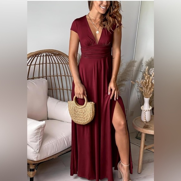 ANRABESS Smocked Soft Knit DEEP V NECK SHORT SLEEVE SLIT MAXI EVENING DRESS L - Picture 1 of 11